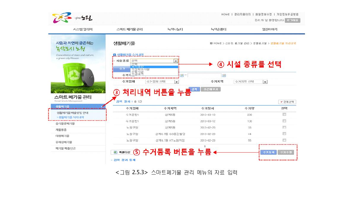 스마트폐기물 관리 메뉴의 자료 입력