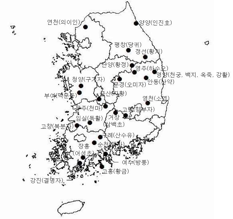 그림 3-12. 주요 약용작물의 분포