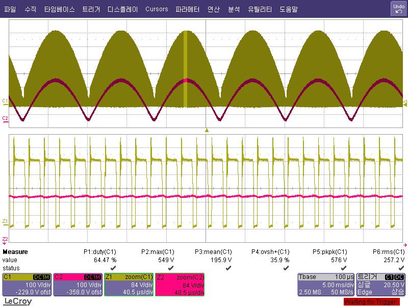 전원회로 1차측 전압 동장파형(정격 부하 : 0.47A) (위부터 FET Drain 전압, 정류전압)