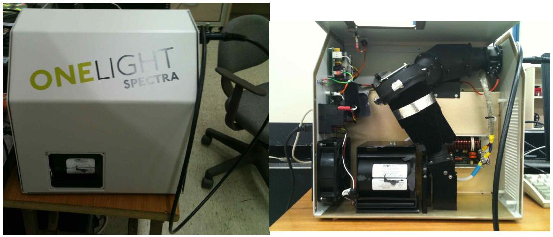 2차원 Array 미러와 Imaging 분광기를 적용한 가상 UV/VIS/NIR LED 다중 파장 동시 구현 시스템의 시제품 사진 외관(좌)과 내관(우)