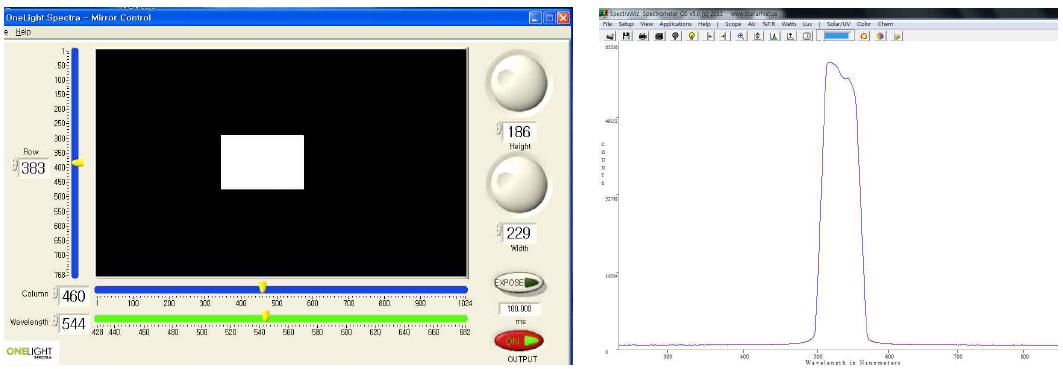 Mirror control 모드 구현(좌), 소형 분광기를 통해서 얻은 데이터(우)