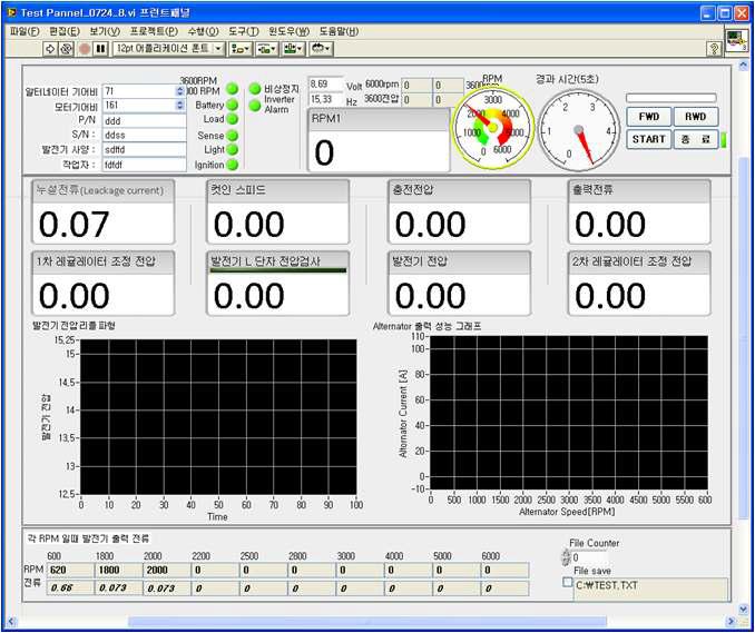Alternator 시험기 프로그램 화면 (예)