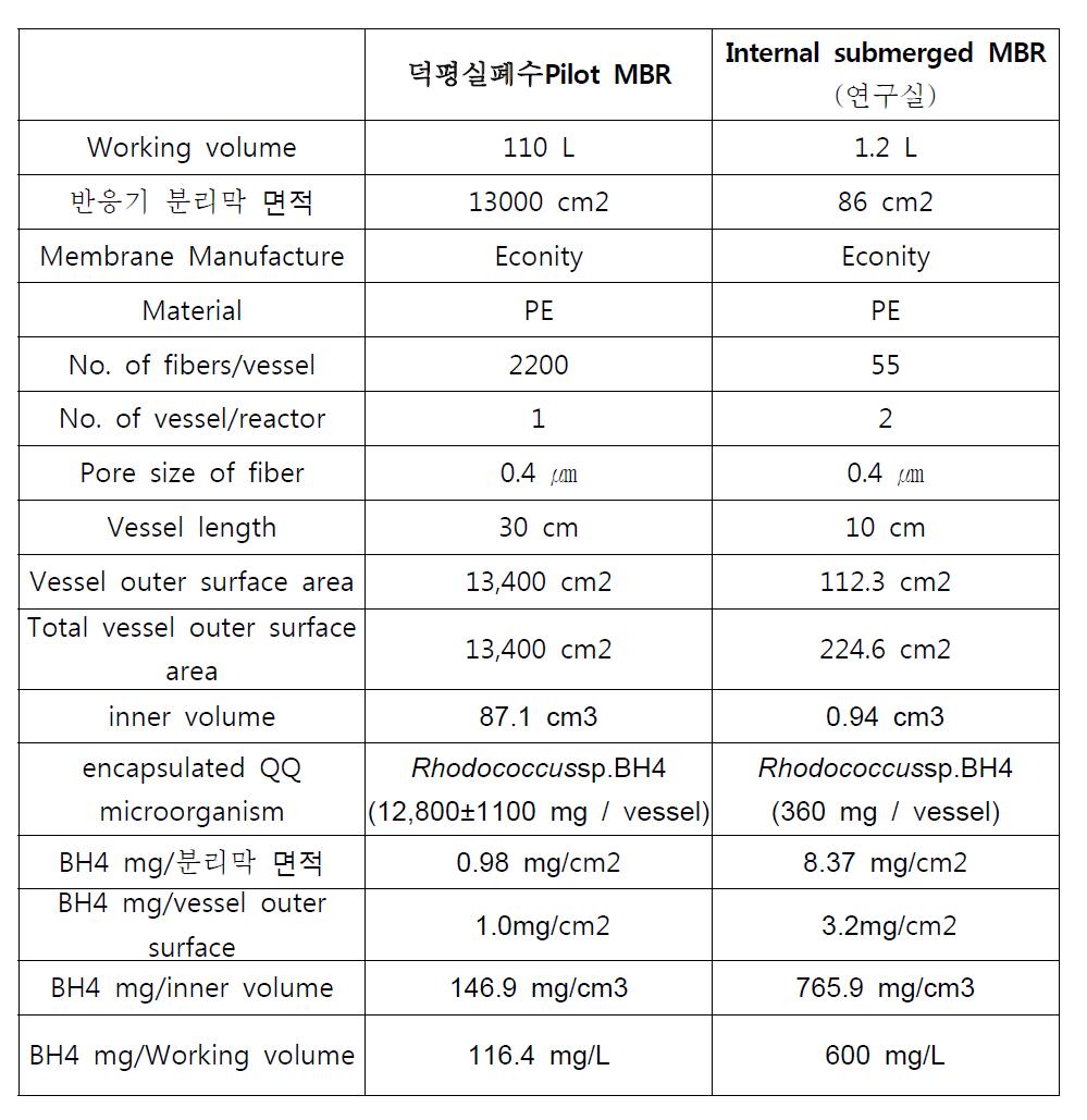 덕평 실폐수 MBR과 연구실 MBR 운전 조건 비교