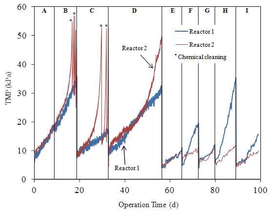 다양한 운전 조건에 따른 두 MBR 반응기의 막간차압 변화.