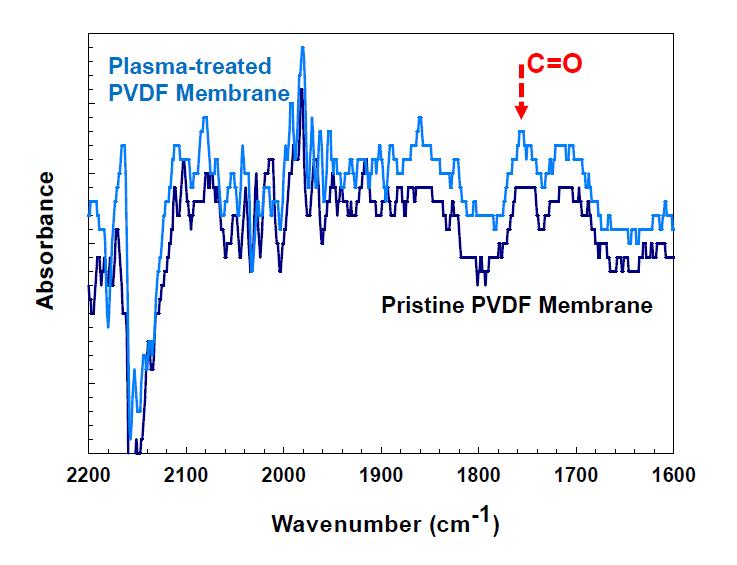 단순 플라즈마 처리에 의해 친수화 개질된 PVDF 분리막의 FT-IR Spectra