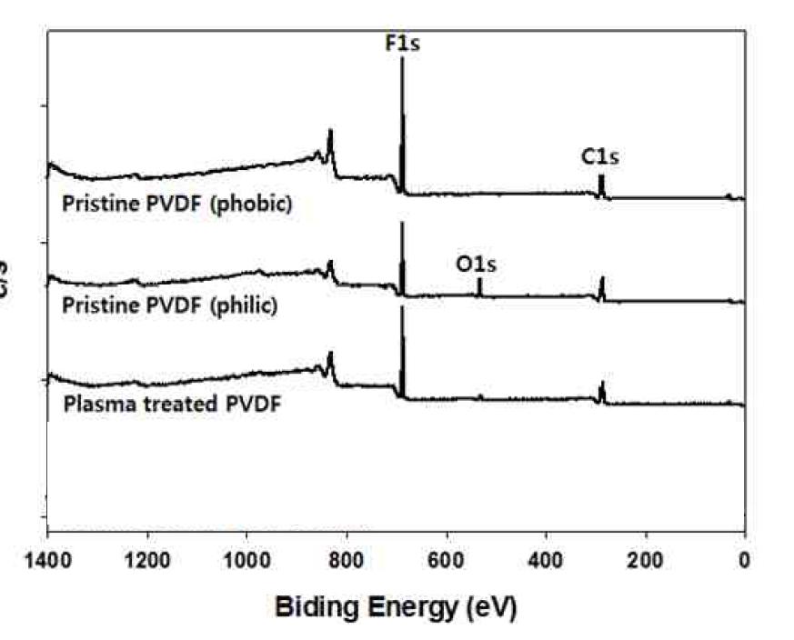 소수성 PVDF 분리막, 친수성 PVDF 분리막, 수중 플라즈마 방전을 이용하여 친수화 개질된 PVDF 분리막의 XPS survey spectra
