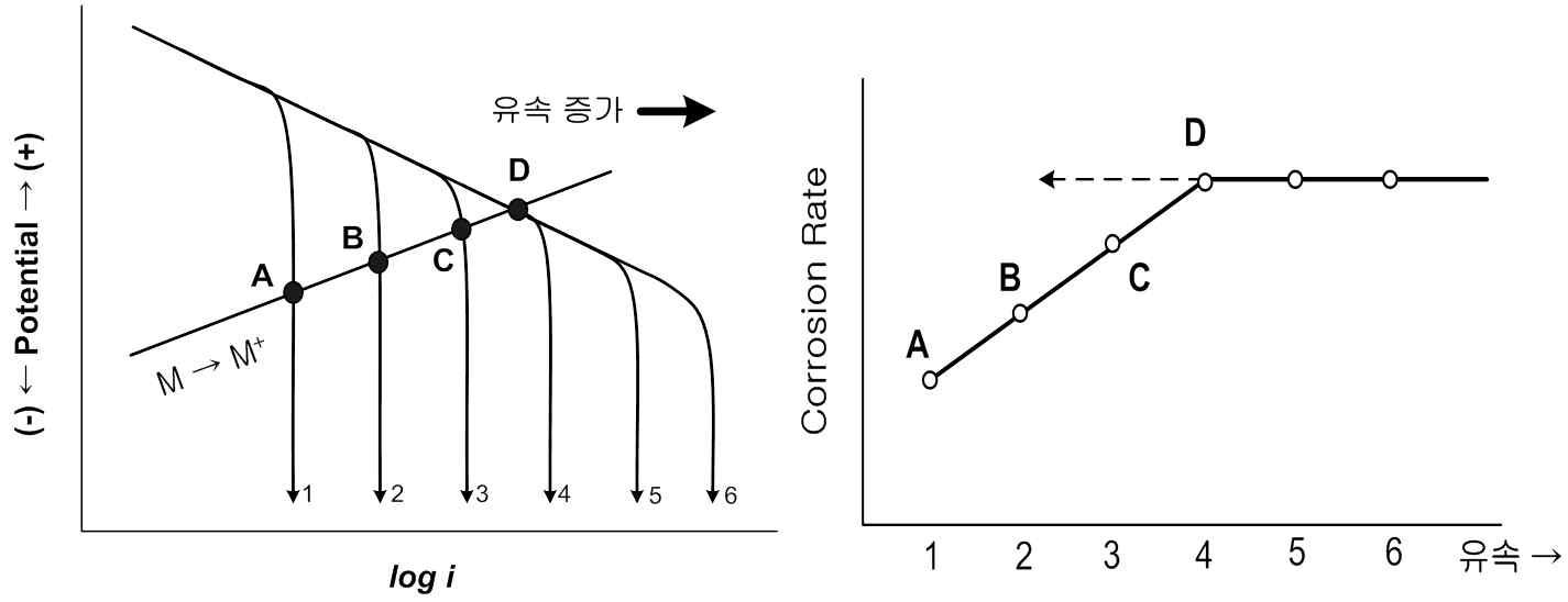 유속에 따른 분극 곡선 및 부식 속도의 변화