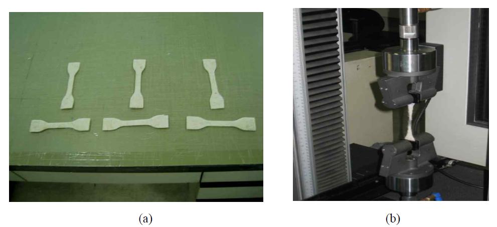 (a) 인장강도 시험 시험편 준비 (b) 인장강도 측정시험