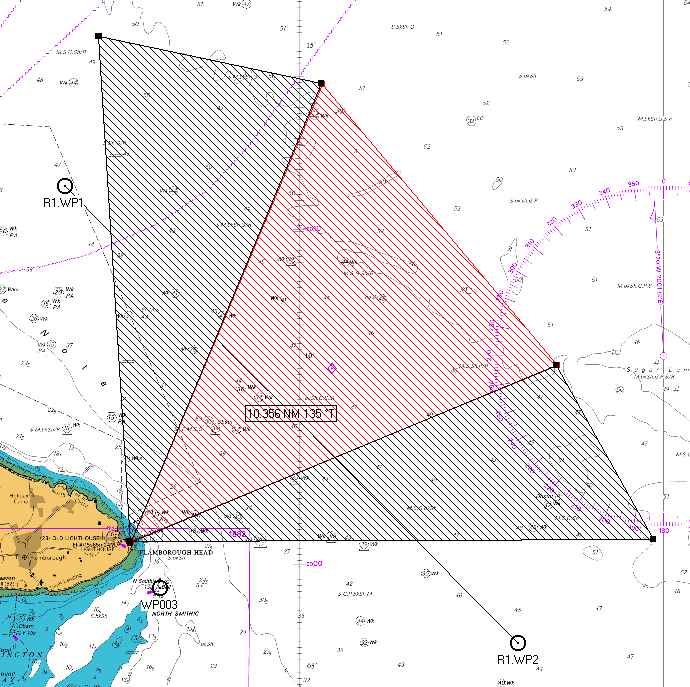 전파방해 영역을 지나는 선박의 웨이포인트 WP1 - WP2인 항로