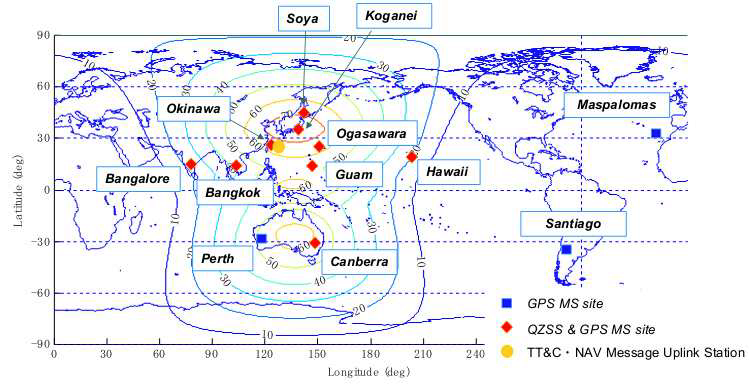 그림 13 QZSS의 감시국 예정지와 최소 앙각 분포
