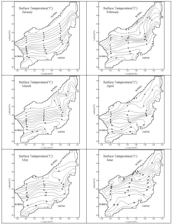 동해의 월별 표층수온 분포 (JODC, 1978) 1