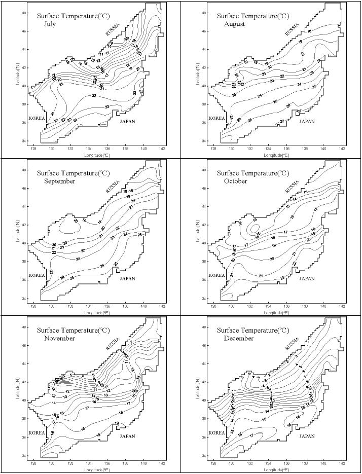 동해의 월별 표층수온 분포 (JODC, 1978) 2