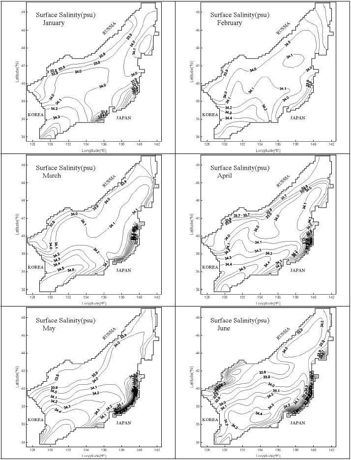 동해의 월별 표층염분 분포 (JODC, 1978) 1