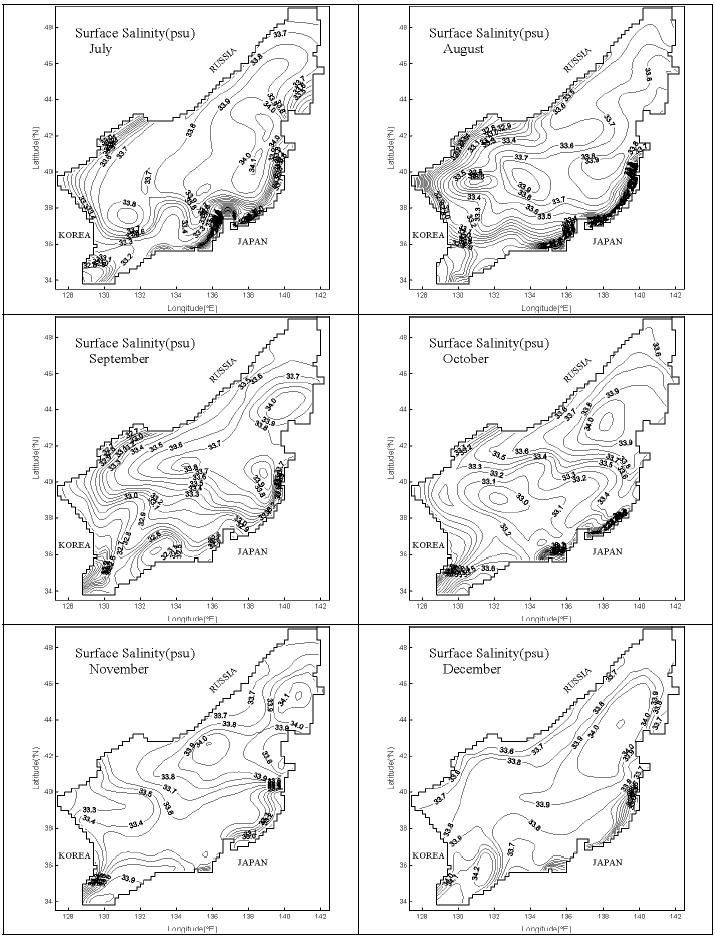 동해의 월별 표층염분 분포 (JODC, 1978) 2