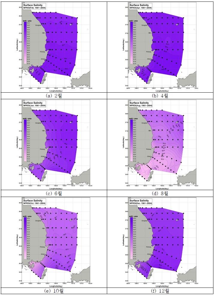 한국연안의 표층염분 분포