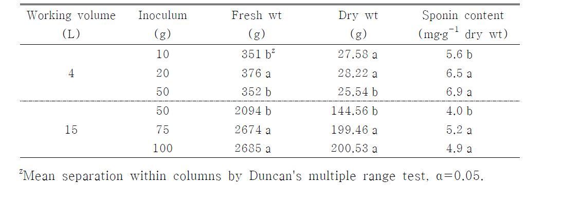 Effect of initial inoculum on growth and saponin accumulation of adventitious ginseng root cultured for 40 days in 5 and 20 L bulb type bioreactors.