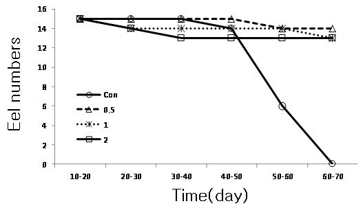 The time-course evaluation of survival rate after Edwardsiella tarda inoculation into abdominal cavity of farmed eels that are cultured by formula feeds added with various concentrations of Panax ginseng culture-root powder.
