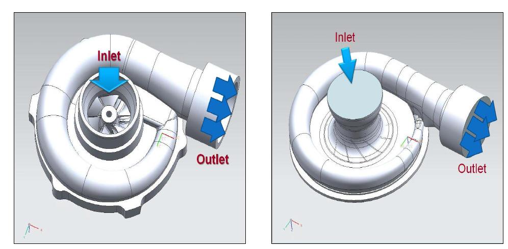 Volute & Impeller 실제 형상(좌측) and 유동 영역 형상(우측)