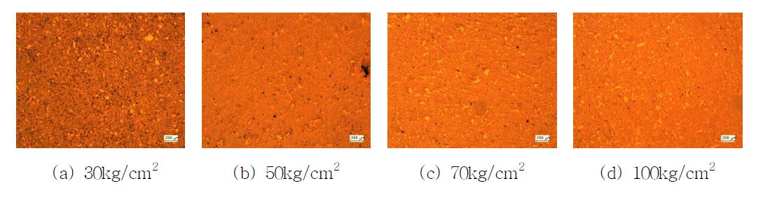 소결 압력에 따른 소결 시편의 광학현미경 사진