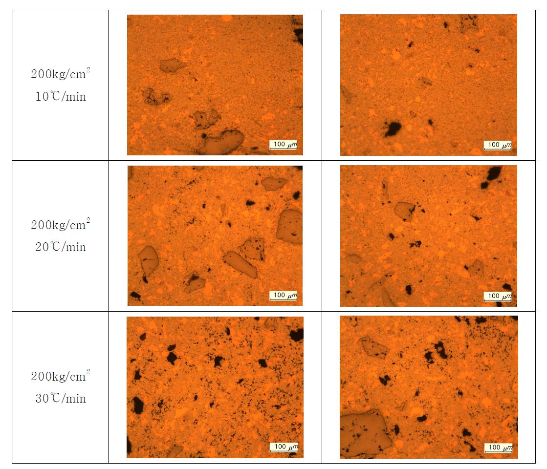 승온 속도별 소결 시편의 광학현미경 사진