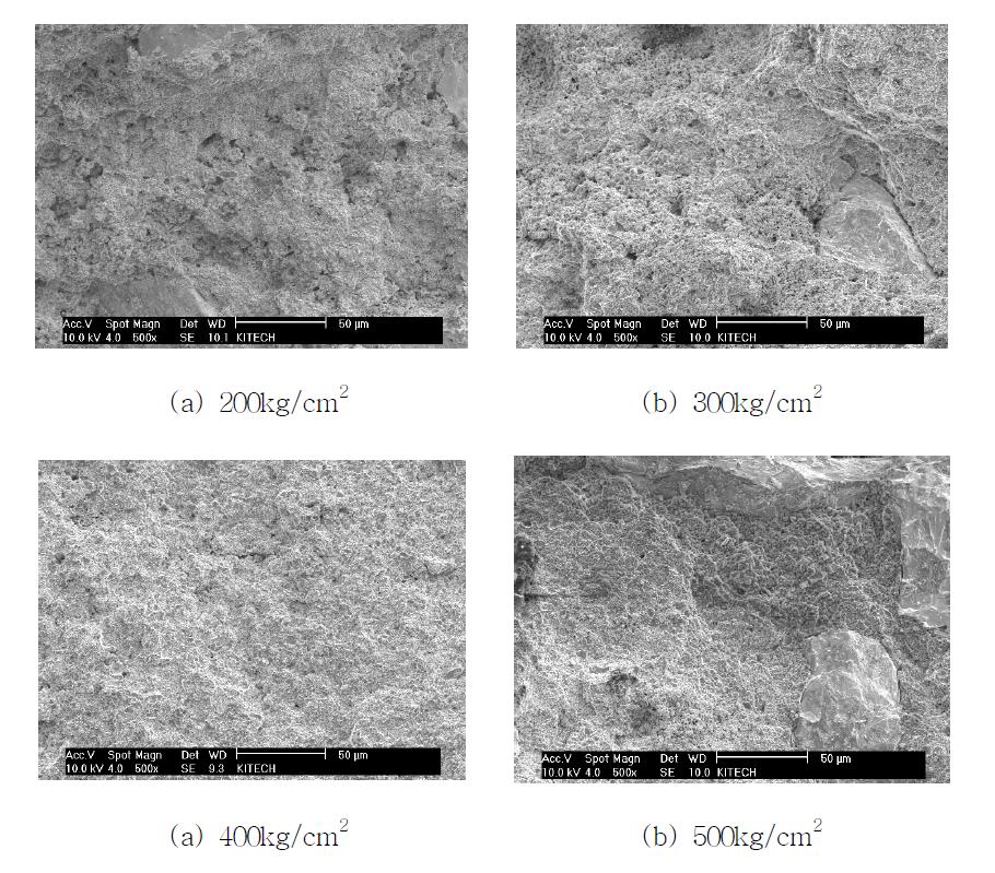 소결 압력에 따른 소결 시편 SEM 사진