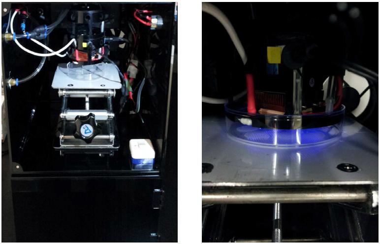 플라즈마 장치의 내부 (왼쪽), 플라즈마 발생 중인 사진 (오른쪽)
