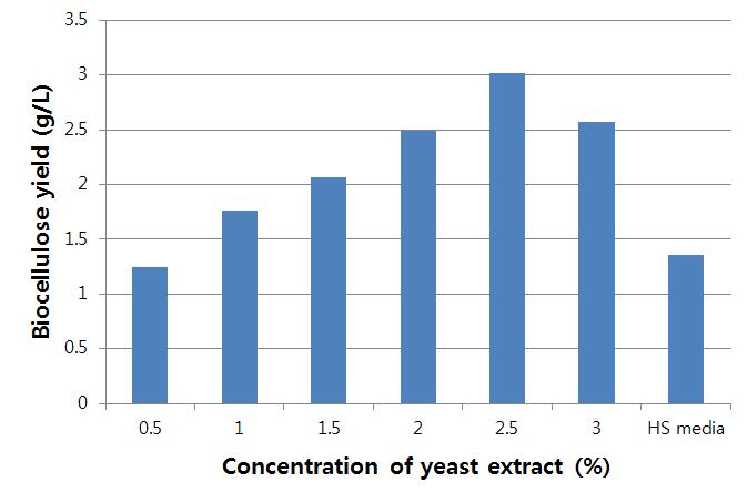 Yeast extract의 농도에 따른 바이오셀룰로오스 생산