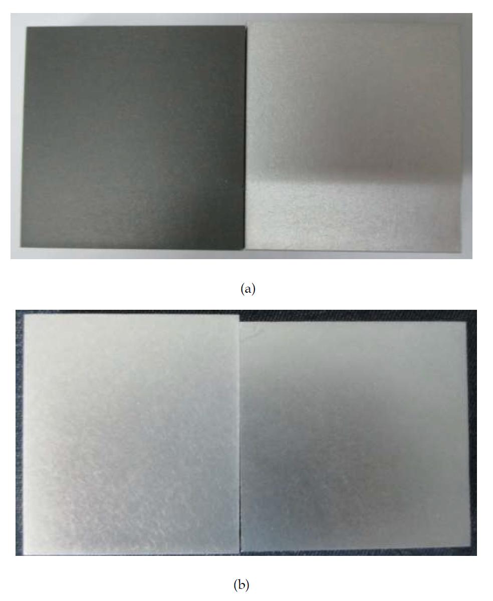 고순도 알루미늄 산화피막 색상(a) 左: Al6061소재 경질피막, 右: 고순도 알루미늄 소재 경질피막 (b) 左: 고순도 알루미늄 소재 경질피막, 右: Al6061 Bare면