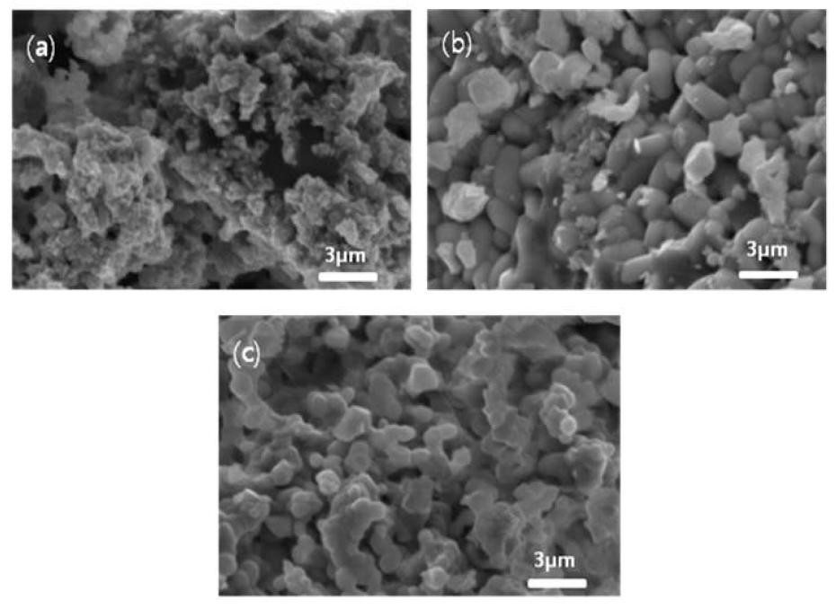 SEM micrographs of synthesized Zr2WP2O12 powders prepared from different mixing processing solvents: (a) D.I.water, (b) ethyl alcohol and (c) ethyl alcohol+D. I. water.