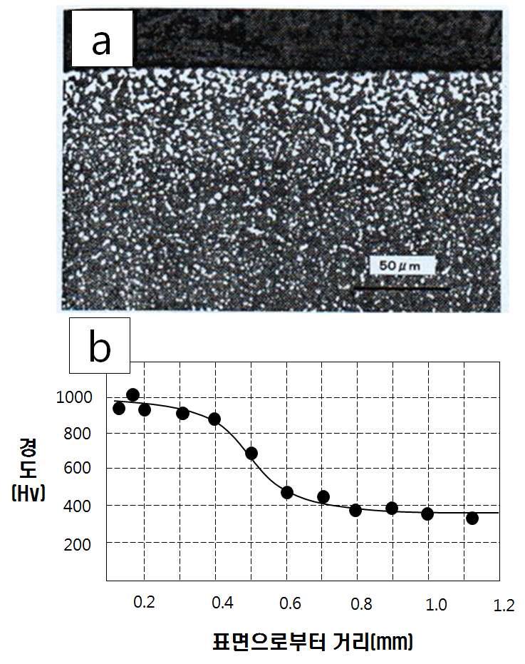 고농도 침탄 시편의 미세조직(b) 경도분포(mm)