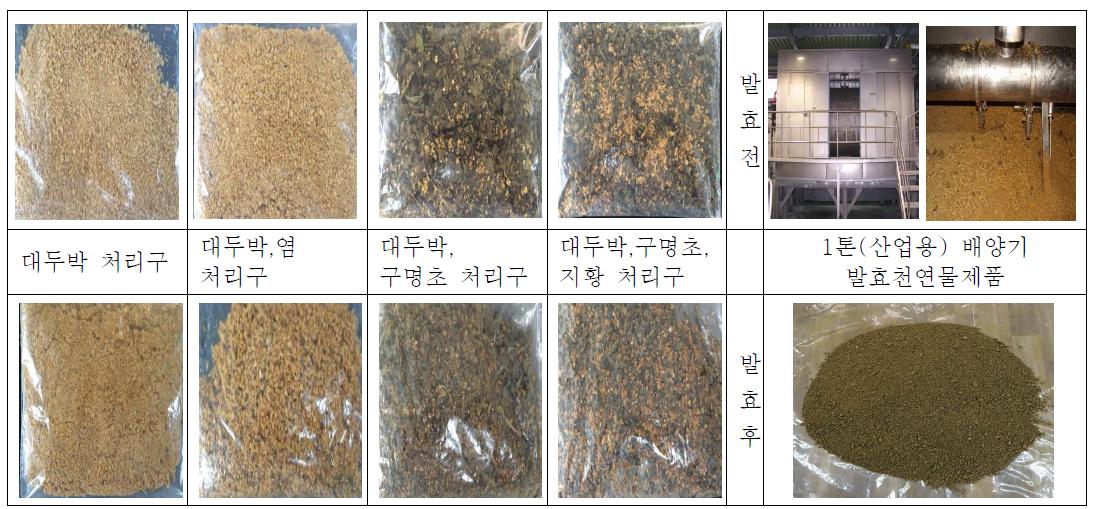 Various solid fermentation media before and after fermentation.