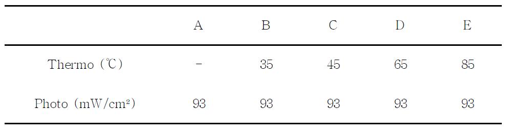 Dual curing 실험을 위한 조건표