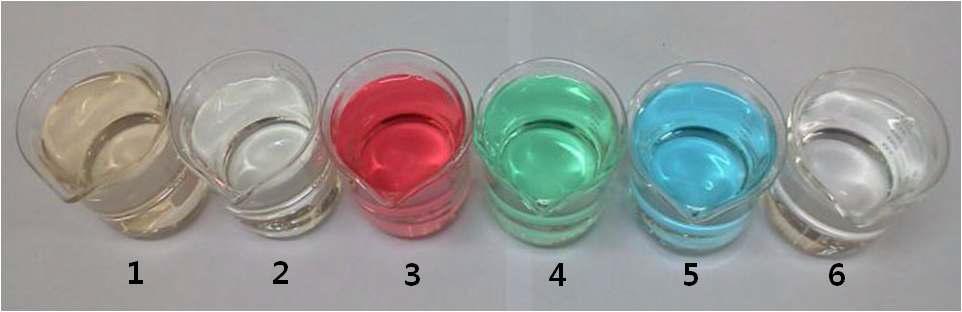 다양한 전이금속 수용액. 1, 철(II); 2, 망간(II); 3, 코발트(II); 4, 니켈(II); 5, 구리(II); 6, 아연(II) (모두 황산음이온의 수화물 형태).