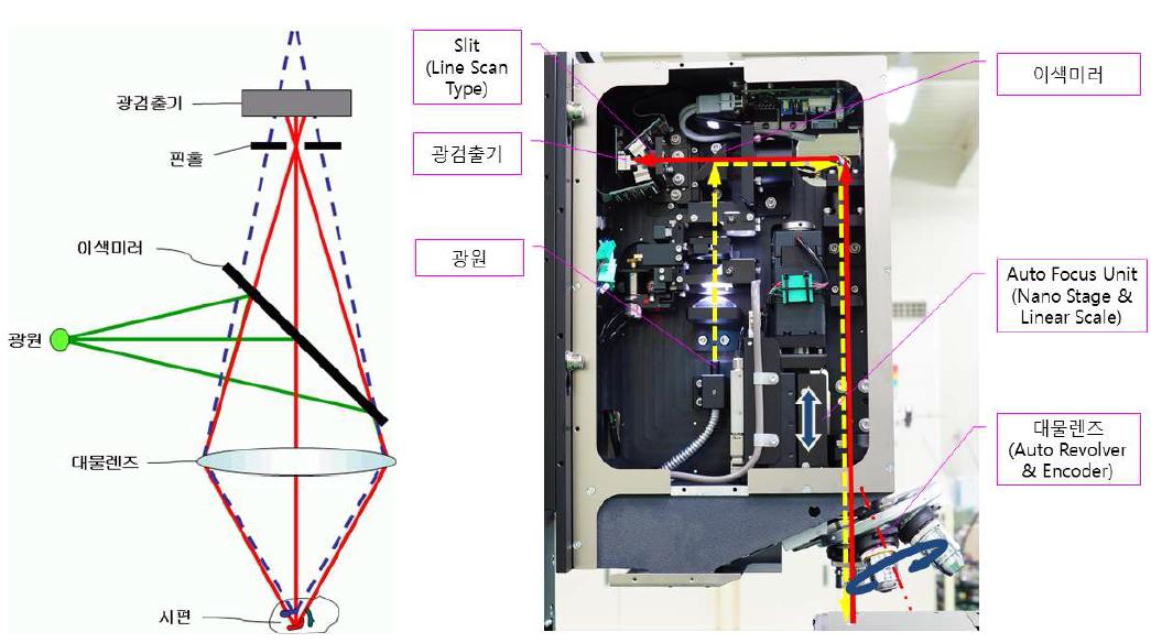 공초점현미경의 개념도 및 실제 구성