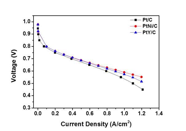Pt/C 및 PtM/C 촉매의 분극선도