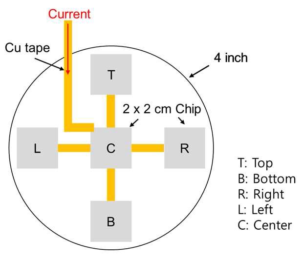 4“ 내에 1 × 1 cm chip의 위치