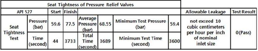 API STANDARD 527 Seat Tightness Test Result