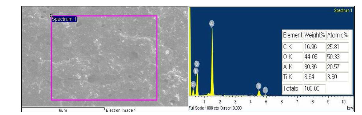 TiO2 나노분말이 산화피막의 표면부에 효과적으로 혼입되어 있음을 보여 주는 표면부 EDX 분석사진 및 성분 분석결과