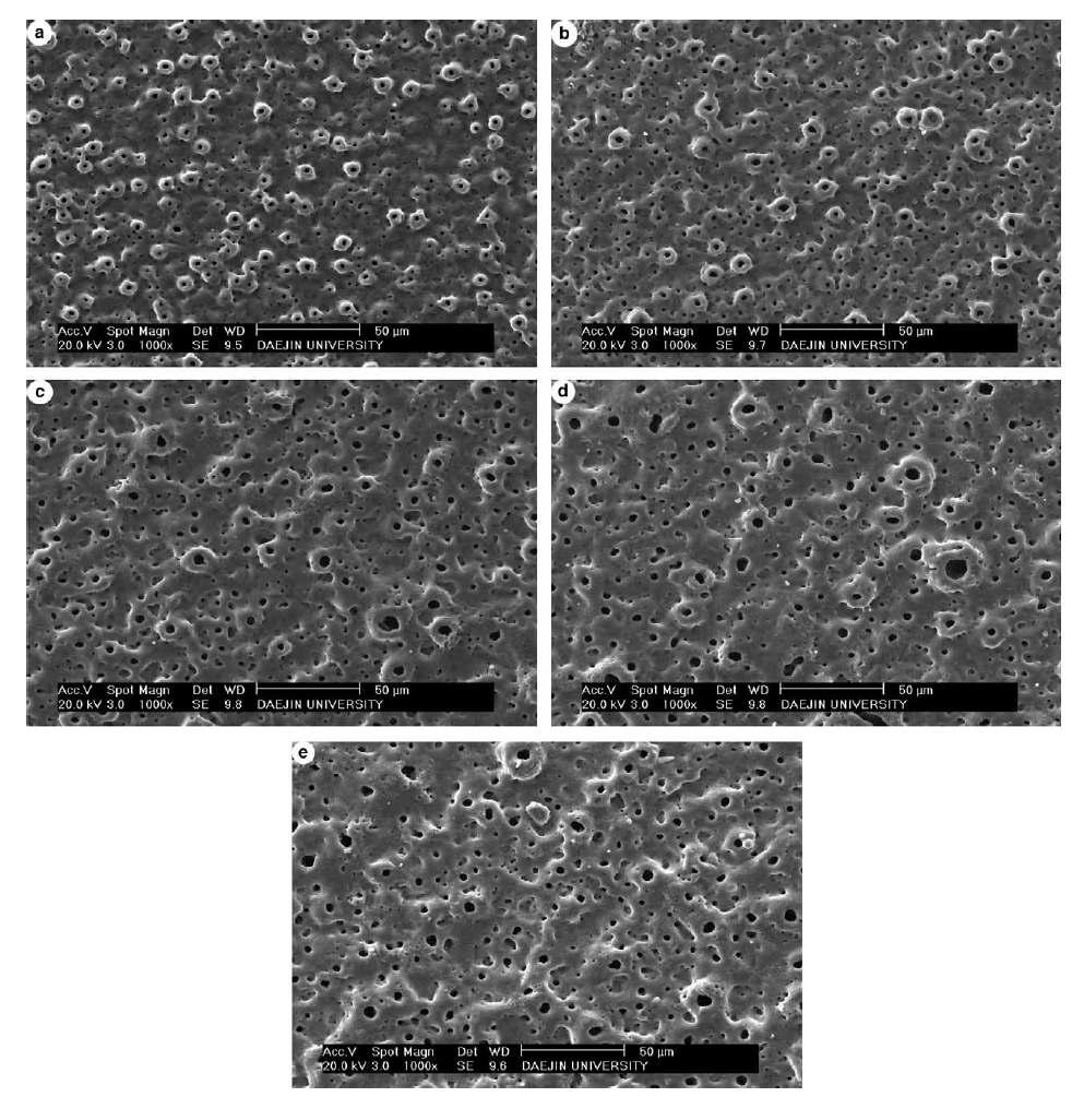 (a) 5, (b) 10, (c) 20, (d) 30, (e) 40 분의 MAO 공정을 통한 본 연구진에 의해서 Ti 기판 상에 코팅된 티타늄 산화막 (TiO2) 이미지