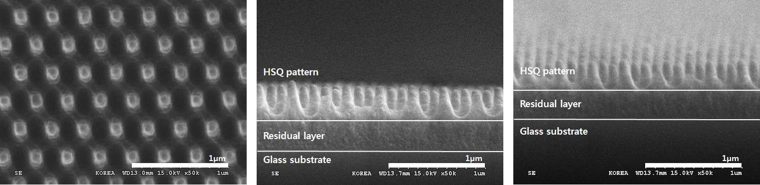 Nano imprint lithography 기술을 이용하여 형성한 저반사 패턴의 SEM image