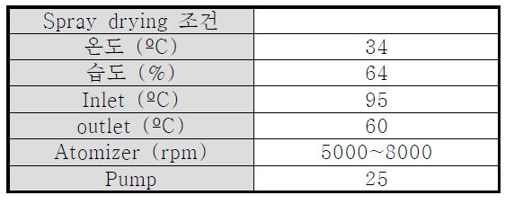 Spray dryer 공정 조건.