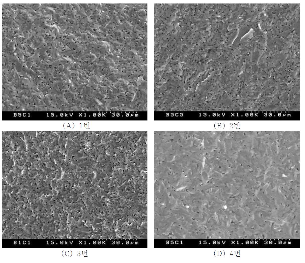2130℃, 1시간 소결한 조성별 파단면 미세구조.