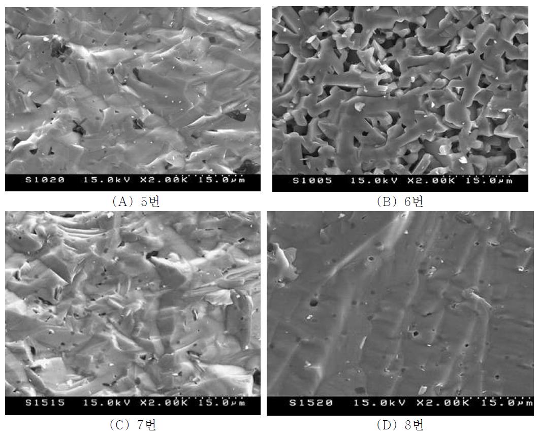 2170℃, 2시간 소결한 조성별 파단면 미세구조.