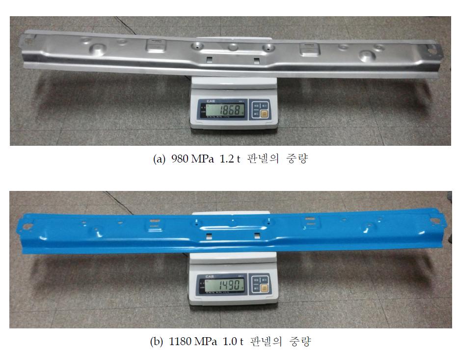 980 MPa 1.2 t 및 1180 MPa 1.0 t 판넬의 중량 비교