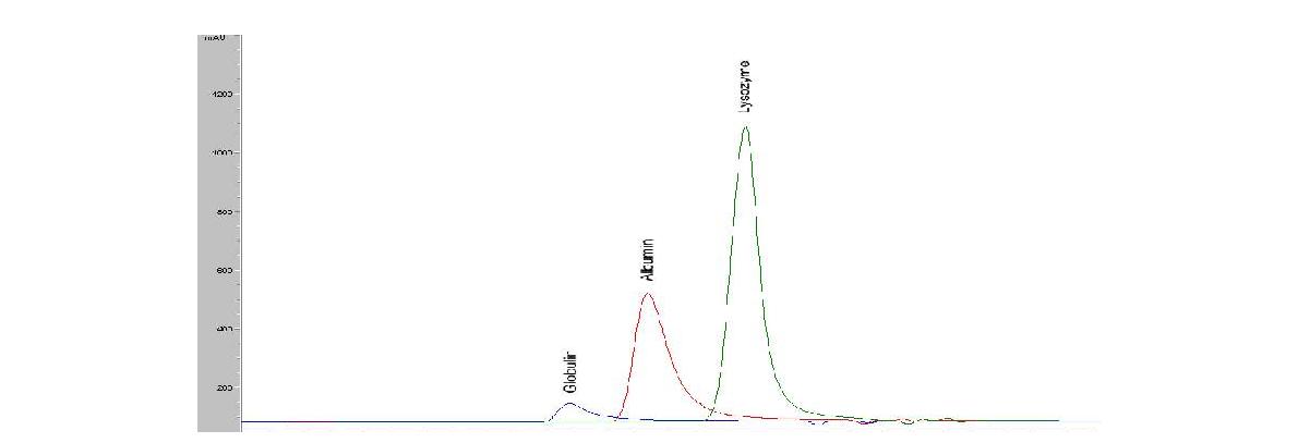 제조된 인공눈물 속에 존재하는 3종류 단백질의 HPLC 분리 피크