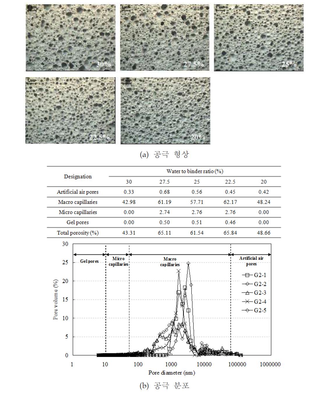 물-결합재비에 따른 공극형상 및 분포