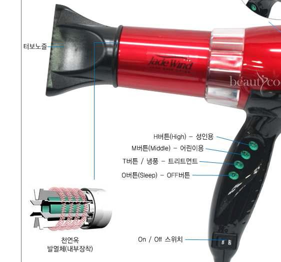 발열체 내부에 천연옥을 장착한 헤어드라이어.