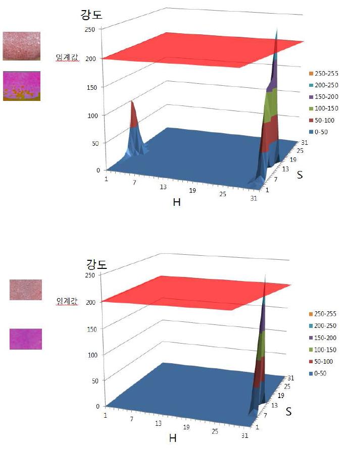 기준값 이상이 검출되는 부위의 히스토그램