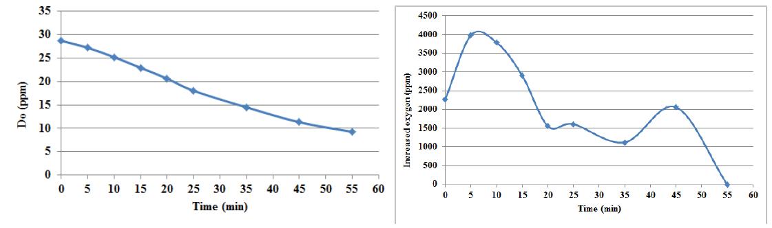 시간에 따른 수중 용존산소 농도(좌) 및 포집된 공기의 증가된 산소농도(우)