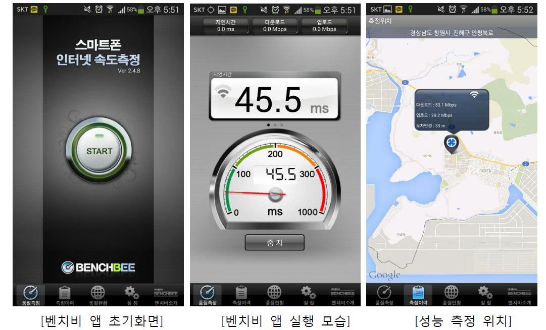 진해 안골포 초등학교에서 인터넷 속도 측정 앱을 이용한 성능 평가 모습